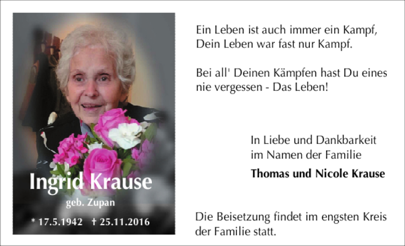  Traueranzeige für Ingrid Krause vom 03.12.2016 aus Holsteinischer Courier