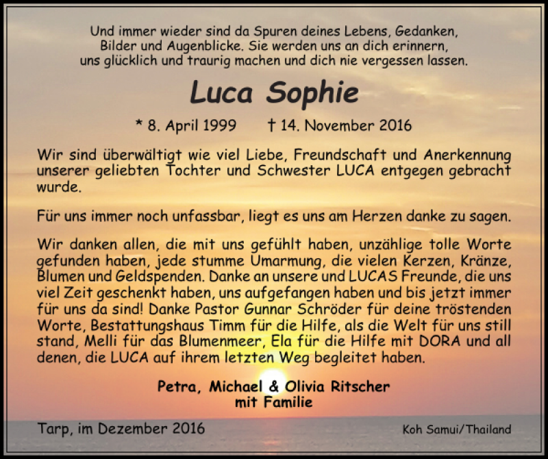  Traueranzeige für Luca Sophie vom 09.12.2016 aus Flensburger Tageblatt