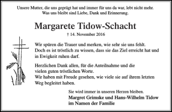 Traueranzeige von Margarete Tidow-Schacht von Stormarner Tageblatt
