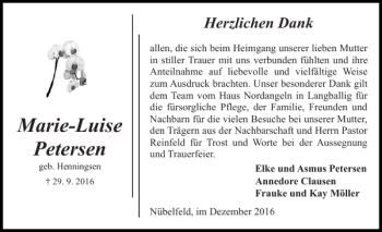 Traueranzeige von Marie-Luise Petersen geb. Henningsen von Flensburger Tageblatt