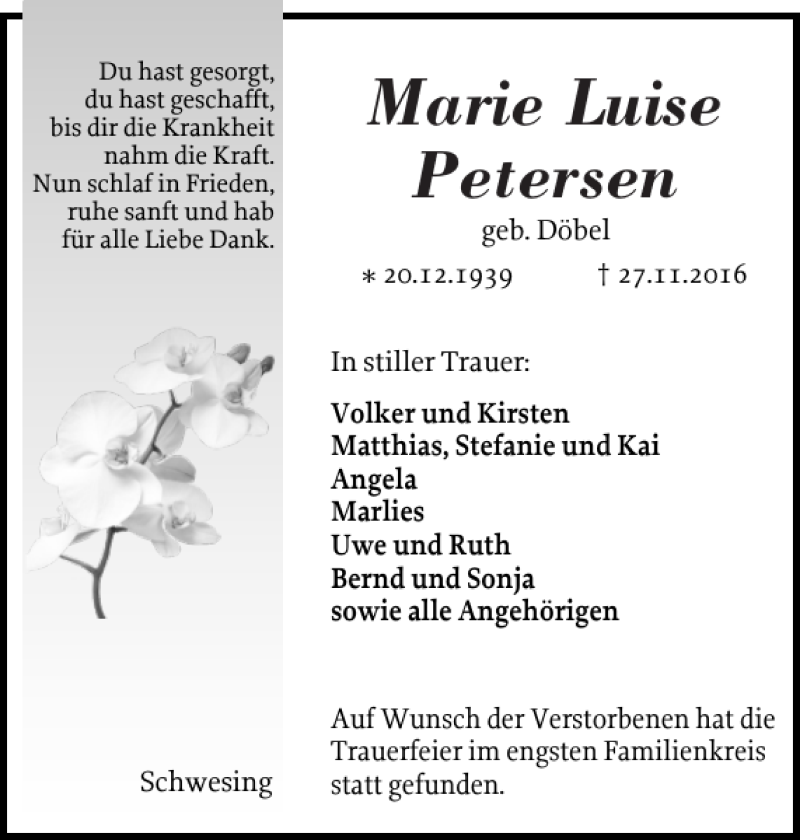  Traueranzeige für Marie Luise Petersen vom 10.12.2016 aus Husumer Nachrichten