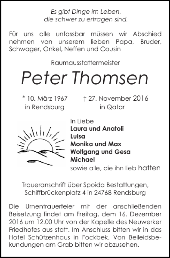  Traueranzeige für Peter Thomsen vom 10.12.2016 aus Landeszeitung