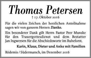 Traueranzeige von Thomas Petersen von Husumer Nachrichten