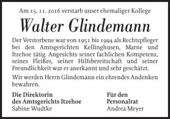 Traueranzeige von Walter Glindemann von Norddeutsche Rundschau