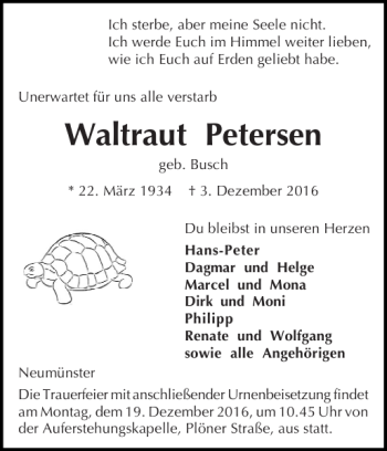 Traueranzeige von Waltraut Petersen von Holsteinischer Courier