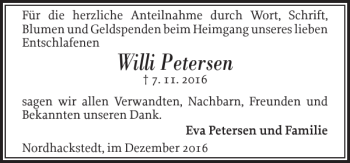 Traueranzeige von Willi Petersen von Flensburger Tageblatt