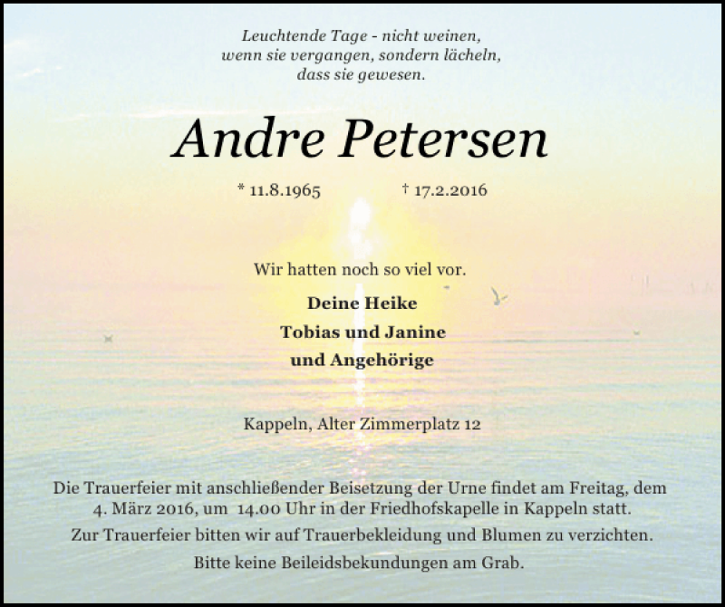 Traueranzeige für Andre Petersen vom 27.02.2016 aus Flensburger Tageblatt