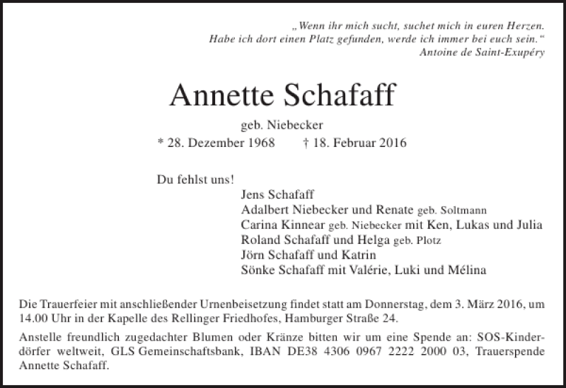  Traueranzeige für Annette Schafaff vom 24.02.2016 aus Pinneberger Tageblatt