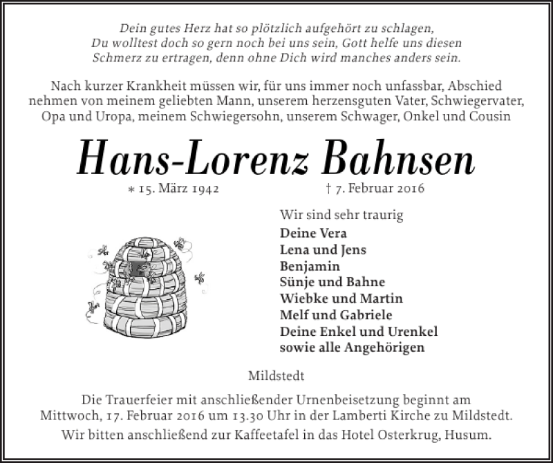  Traueranzeige für Hans-Lorenz Bahnsen vom 10.02.2016 aus Husumer Nachrichten