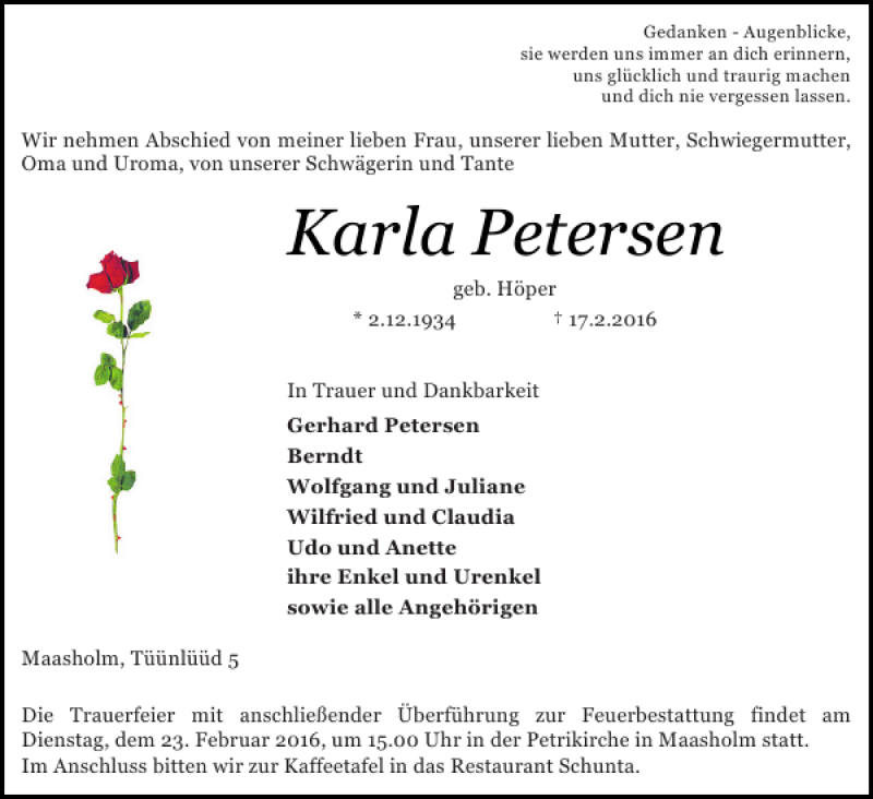  Traueranzeige für Karla Petersen vom 20.02.2016 aus Schlei-Bote