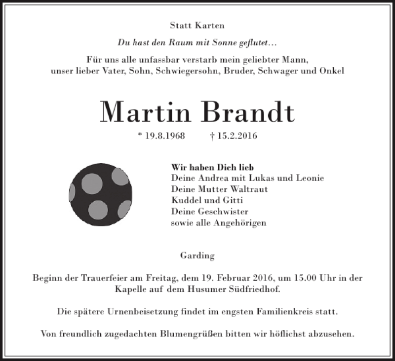  Traueranzeige für Martin Brandt vom 17.02.2016 aus Husumer Nachrichten
