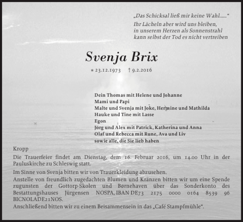  Traueranzeige für Svenja Brix vom 12.02.2016 aus Schleswiger Nachrichten
