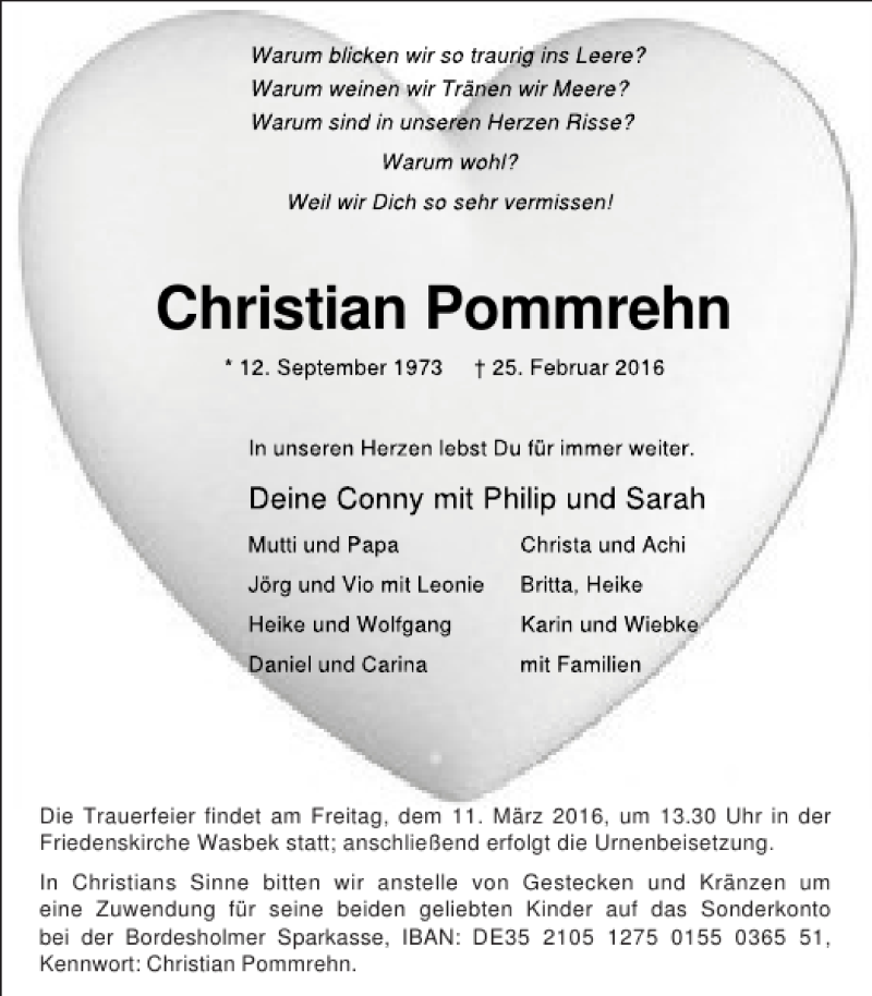  Traueranzeige für Christian Pommrehn vom 05.03.2016 aus Holsteinischer Courier