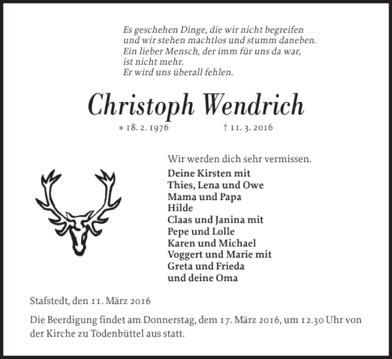  Traueranzeige für Christoph Wendrich vom 15.03.2016 aus Landeszeitung