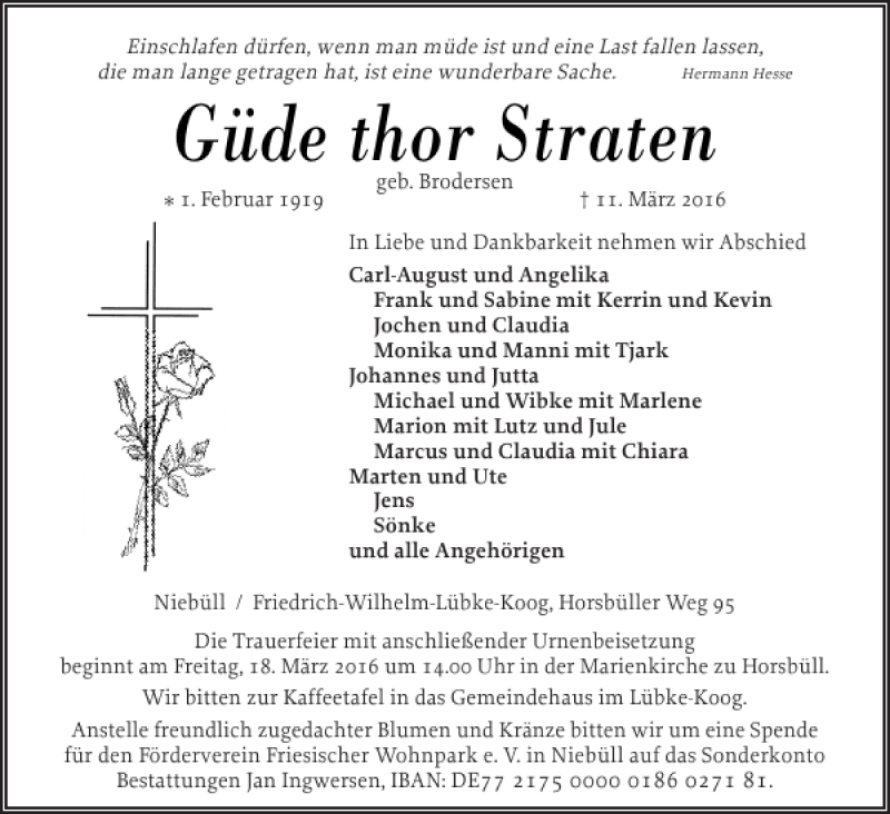 Traueranzeige für Güde thor Straten vom 15.03.2016 aus Nordfriesland Tageblatt