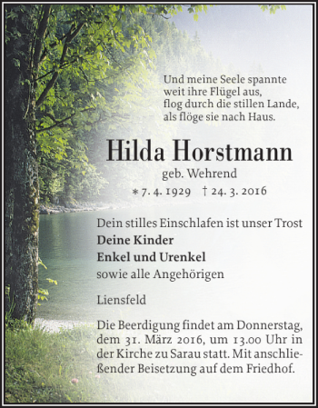 Traueranzeige von Hilda Horstmann von Ostholsteiner Anzeiger