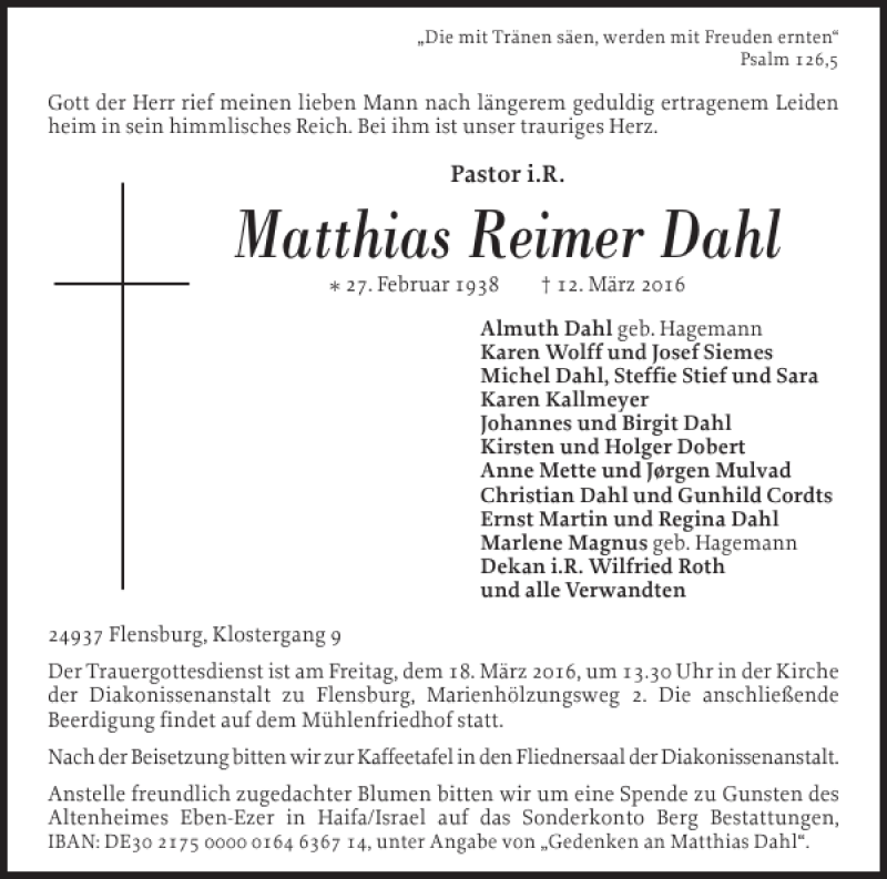  Traueranzeige für Matthias Reimer Dahl vom 15.03.2016 aus Flensburger Tageblatt