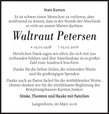 Traueranzeige von Waltraut Petersen von Husumer Nachrichten