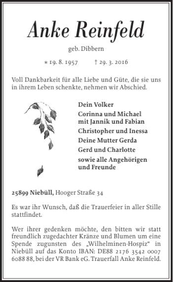 Traueranzeige von Anke Reinfeld von Nordfriesland Tageblatt