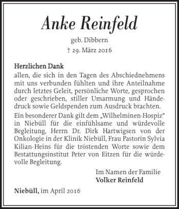Traueranzeige von Anke Reinfeld von Nordfriesland Tageblatt