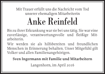 Traueranzeige von Anke Reinfeld von Husumer Nachrichten