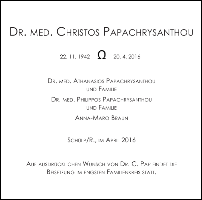  Traueranzeige für DR. CHRISTOS PAPACHRYSANTHOU vom 30.04.2016 aus Landeszeitung