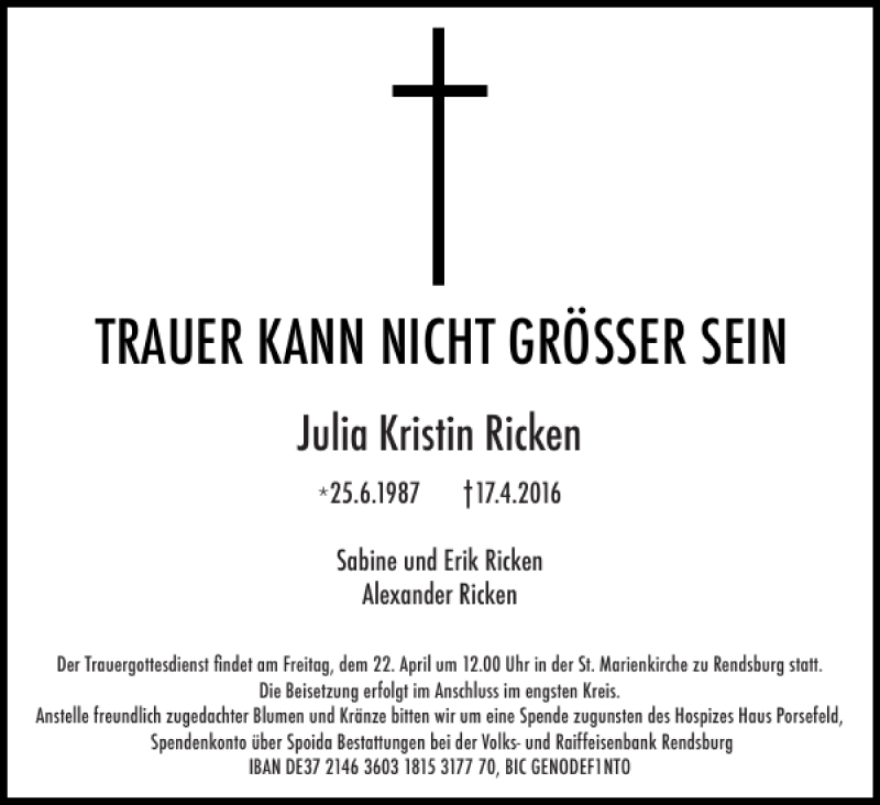  Traueranzeige für Julia Kristin Ricken vom 20.04.2016 aus Landeszeitung