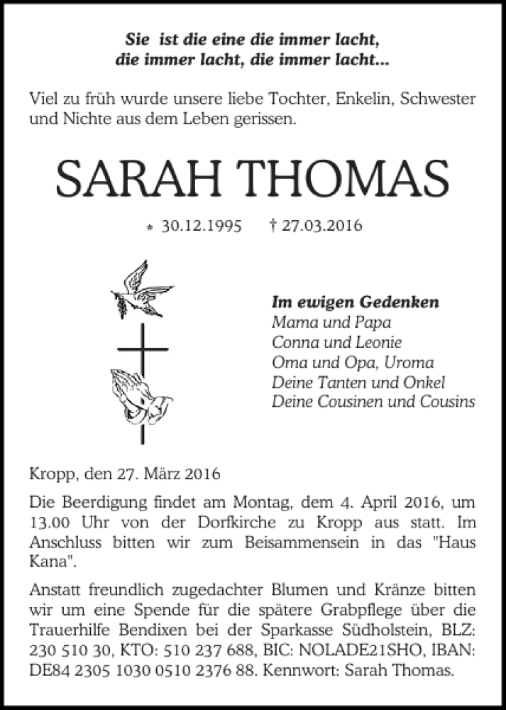  Traueranzeige für Sarah Thomas vom 02.04.2016 aus Landeszeitung