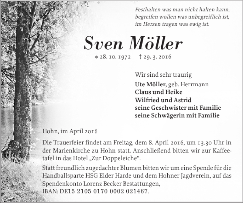  Traueranzeige für Sven Möller vom 07.04.2016 aus Landeszeitung