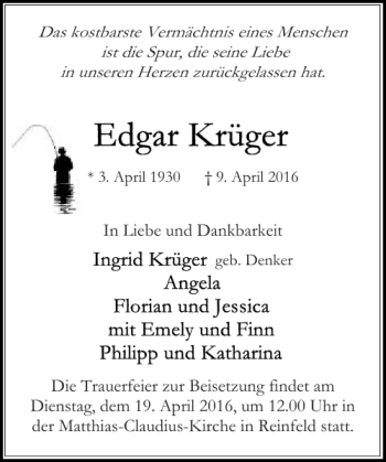Traueranzeige von und Dienstag April umder Matthias-Claudius-Kirche Reinfeld  von Stormarner Tageblatt