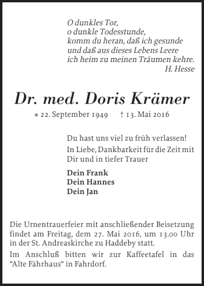  Traueranzeige für Dr. med. Doris Krämer vom 21.05.2016 aus Schleswiger Nachrichten