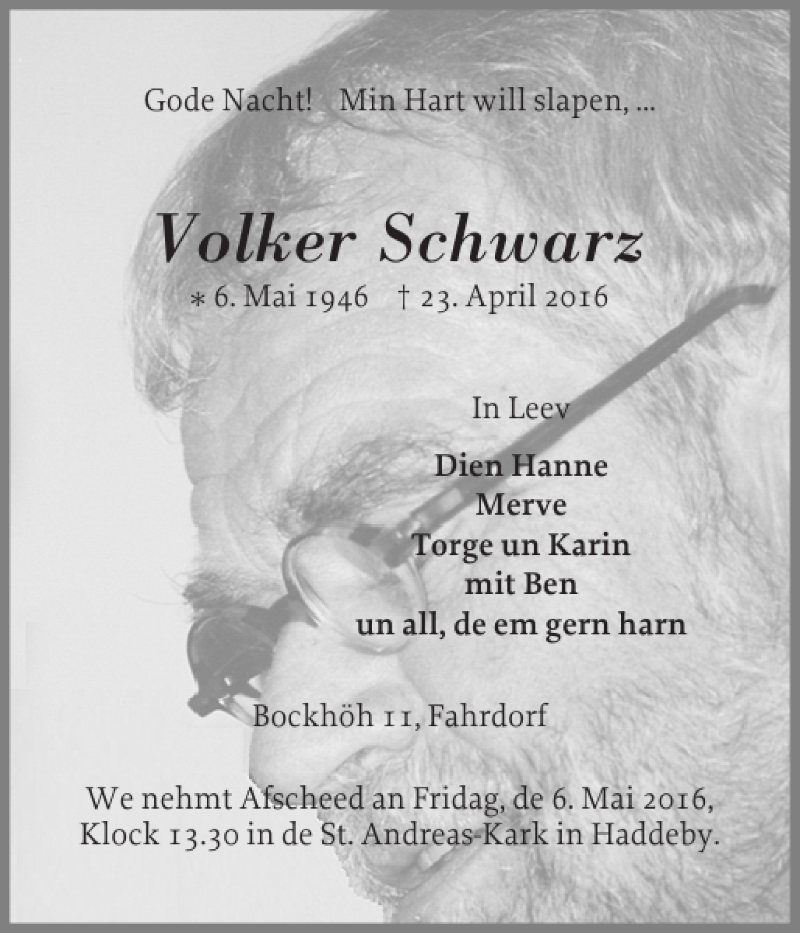  Traueranzeige für Volker Schwarz vom 02.05.2016 aus Schleswiger Nachrichten