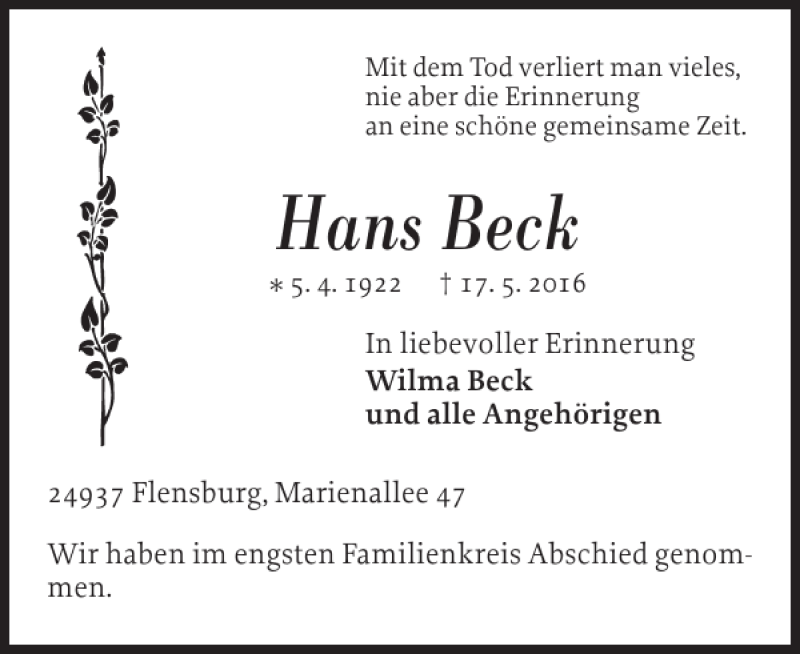  Traueranzeige für Hans Beck vom 18.06.2016 aus Flensburger Tageblatt