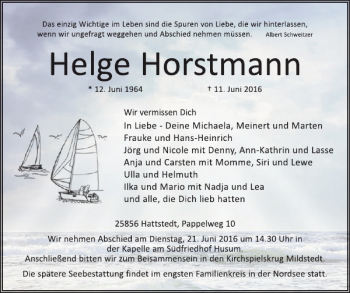 Traueranzeige von Helge Horstmann von Husumer Nachrichten