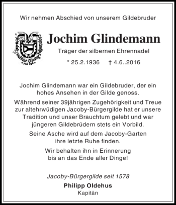 Traueranzeige von Jochim Glindemann von Holsteinischer Courier