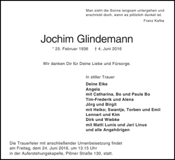 Traueranzeige von Jochim Glindemann von Holsteinischer Courier