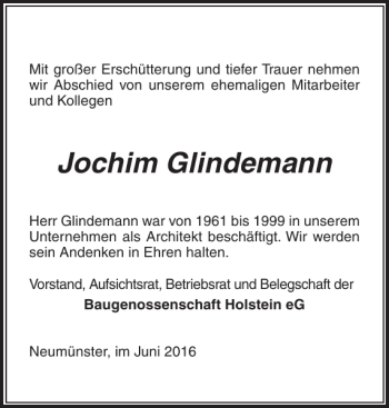 Traueranzeige von Jochim Glindemann von Holsteinischer Courier