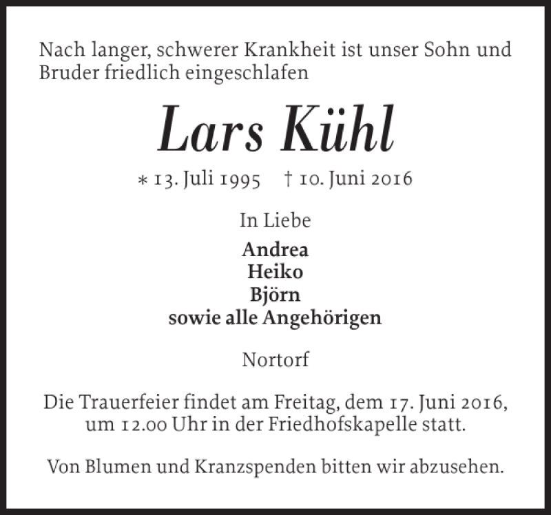  Traueranzeige für Lars Kühl vom 14.06.2016 aus Landeszeitung