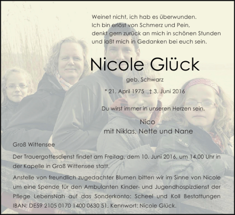 Traueranzeige für Nicole Glück vom 07.06.2016 aus Eckernförder Zeitung