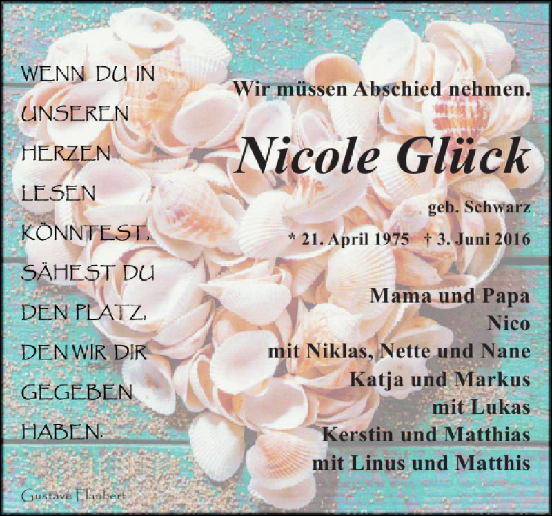  Traueranzeige für Nicole Glück vom 07.06.2016 aus Eckernförder Zeitung