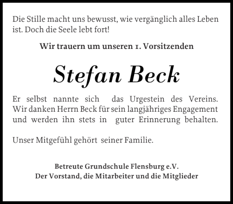  Traueranzeige für Stefan Beck vom 09.06.2016 aus Flensburger Tageblatt