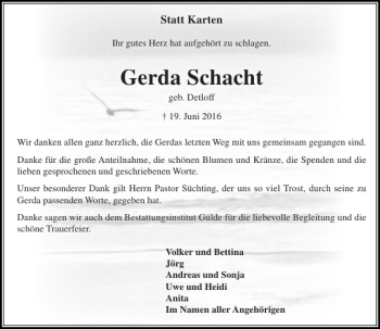 Traueranzeige von Gerda Schacht von Stormarner Tageblatt