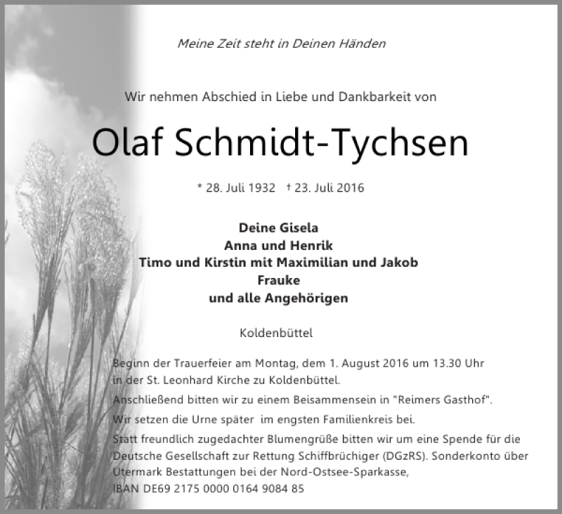  Traueranzeige für Olaf Schmidt-Tychsen vom 26.07.2016 aus Husumer Nachrichten