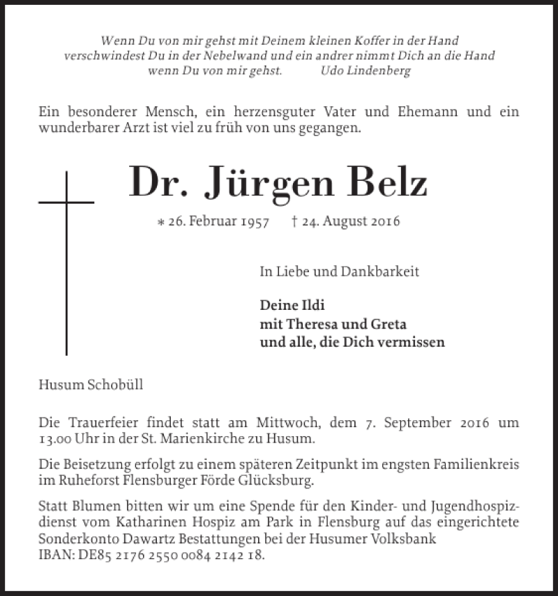  Traueranzeige für Dr. Jürgen Belz vom 31.08.2016 aus Husumer Nachrichten