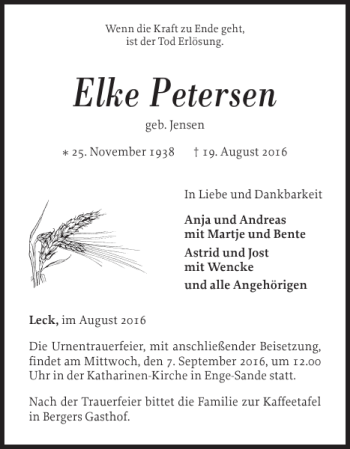 Traueranzeige von Elke Petersen von Nordfriesland Tageblatt