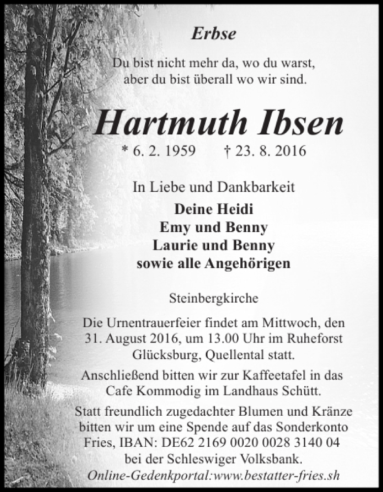  Traueranzeige für Hartmuth Ibsen vom 25.08.2016 aus Flensburger Tageblatt