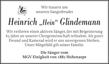 Traueranzeige von Heinrich Glindemann von Norddeutsche Rundschau