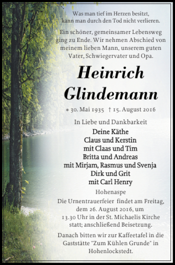 Traueranzeige von Heinrich Glindemann von Norddeutsche Rundschau