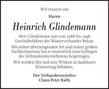 Traueranzeige von Heinrich Glindemann von Norddeutsche Rundschau