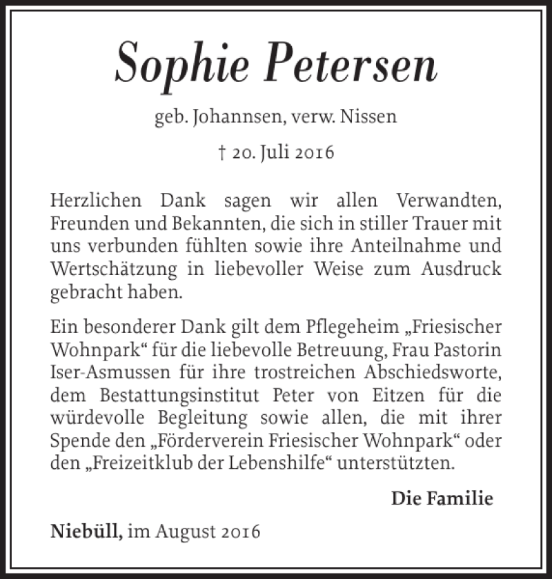  Traueranzeige für Sophie Petersen vom 30.08.2016 aus Husumer Nachrichten